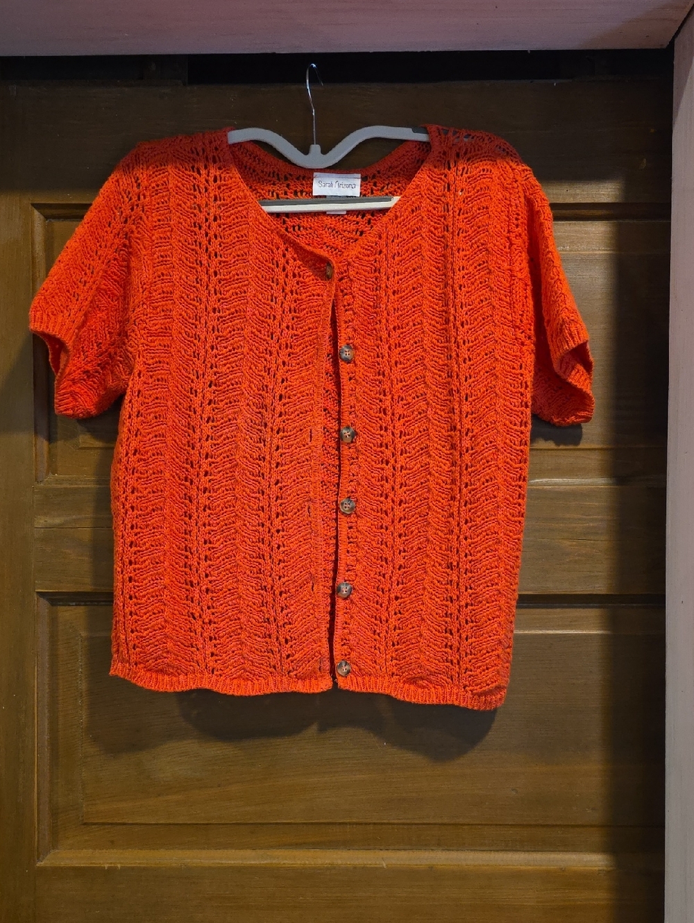 Openwork Short-Sleeve Button Cardigan in Vibrant Orange
